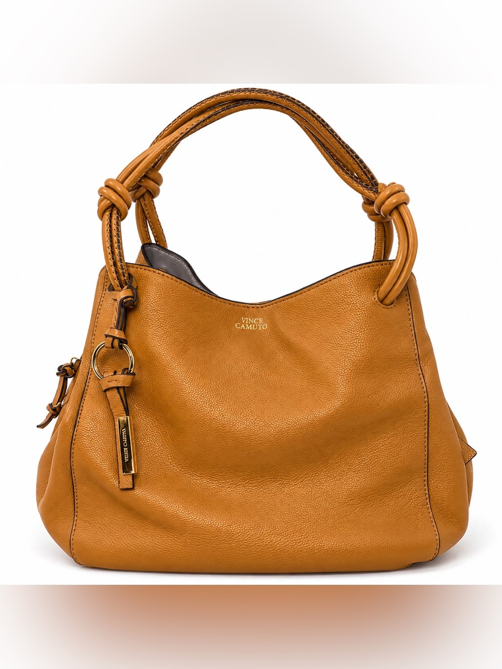 Vince Camuto Cognac Knotted Handle Hobo Slouchy Leather Shoulder Bag Purse